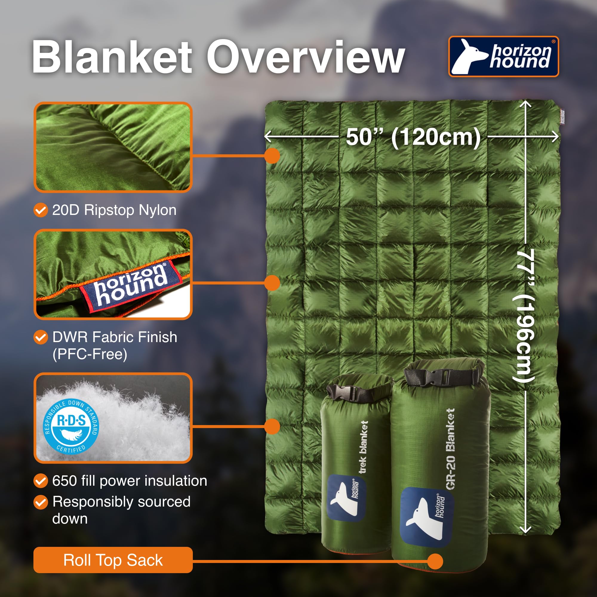 Horizon Hound Down Camping Blanket - Lightweight Insulated Outdoor Travel Quilt for Camping, Hiking, Picnics & Festivals | Water Resistant, Packable & Warm | Perfect for Backpacking, Beach Trips & Stadium Events