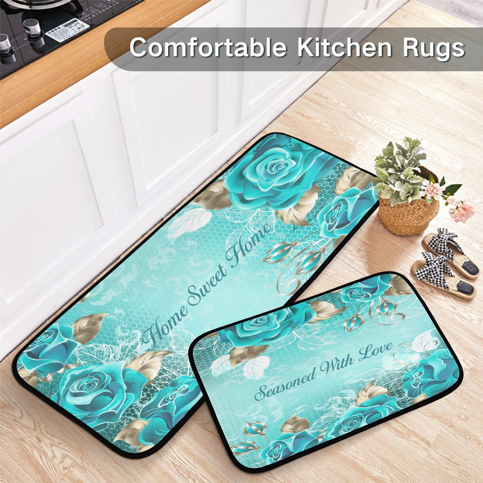 Non-Slip Washable Turquoise Kitchen Rugs Set of 2 - Teal Runner Mats for Floor, Rose Pattern Kitchen Decor - Perfect for Sweet Home Decor & Seasoned Love Theme | Ideal for Kitchens, Entryways & High-Traffic Areas
