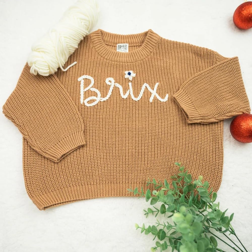 GODMERCH Personalized Hand Embroidered Oversized Knit Baby Sweater - Custom Name Sweater for Infants & Toddlers | Soft Fall & Winter Clothing | Unique Newborn Gift & Name Announcement Outfit for Baby Showers & Photoshoots