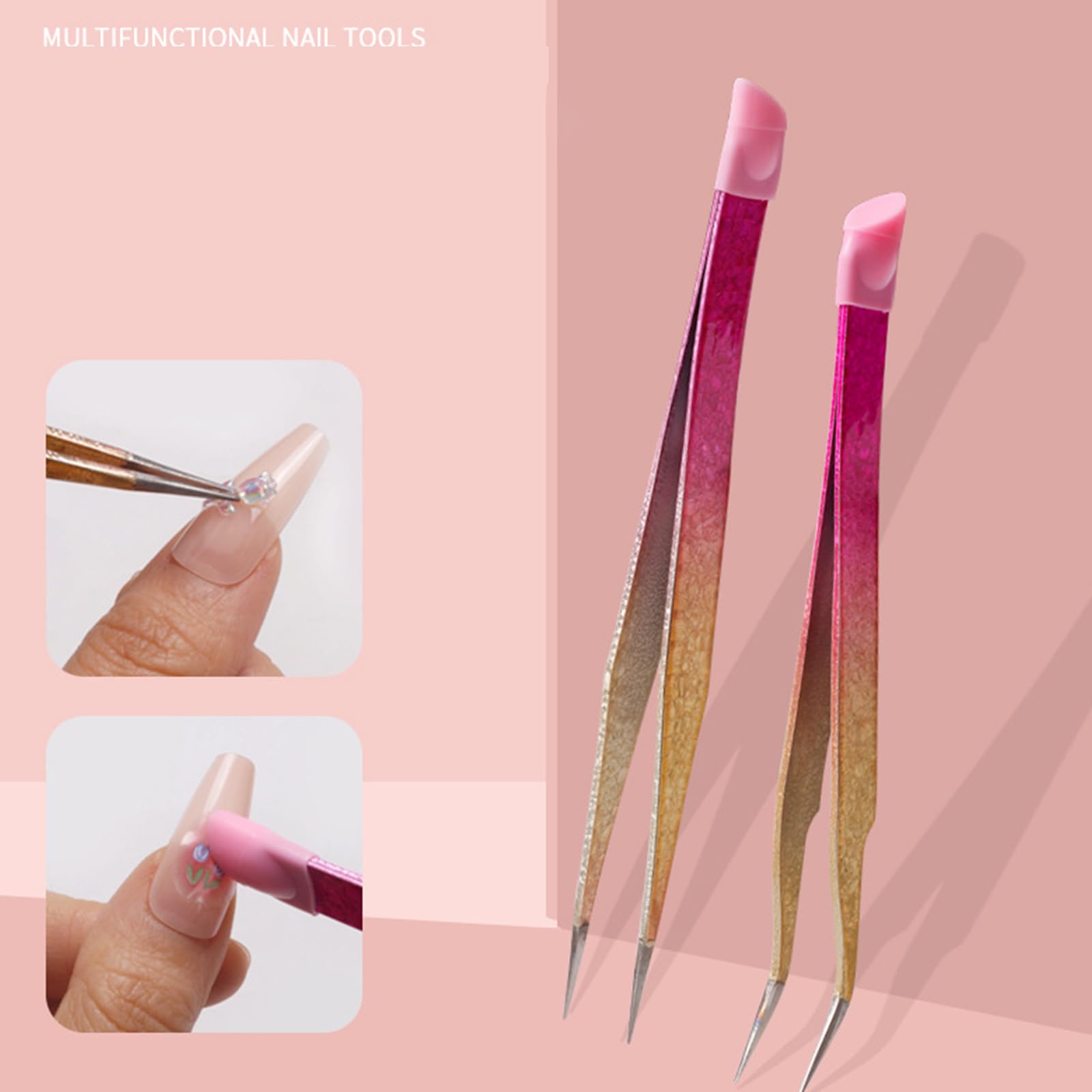 Premium Stainless Steel Double-Ended Nail Art Tweezers - Straight & Curved Tip Lash Tweezers with Silicone Head for Professional Nail Extensions, False Eyelash Application & DIY Nail Art - Perfect for Salon, Home Use & Beauty Enthusiasts