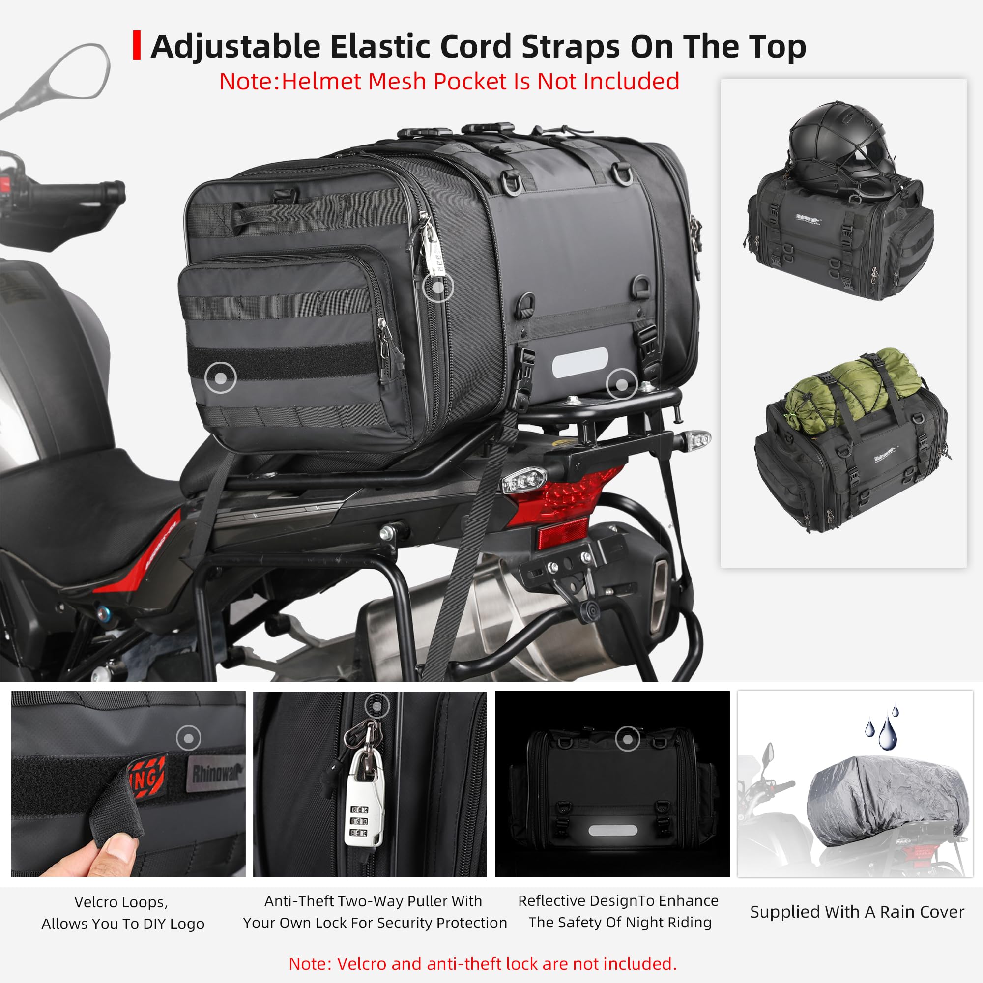 Rhinowalk 45L Expandable Waterproof Motorcycle Tail Bag - All Weather Travel Luggage with Sissy Bar Straps for Trunk & Rack (Black) - Perfect for Road Trips, Commuting & Adventure Riding
