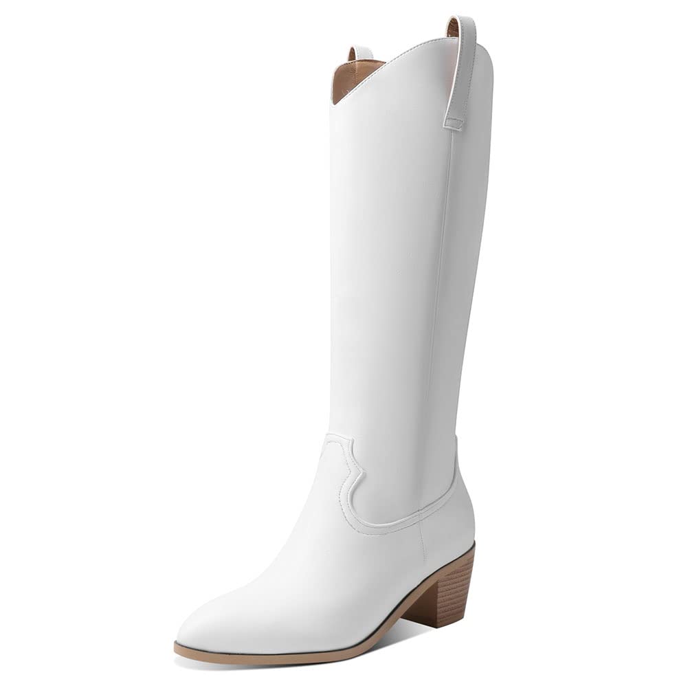 CYNLLIO Women's Western Cowgirl Knee High Boots - Mid Chunky Heel White Cowboy Wedding & Casual Pull-On Boots | Perfect for Country Dancing, Rodeo Events, and Western-Themed Weddings