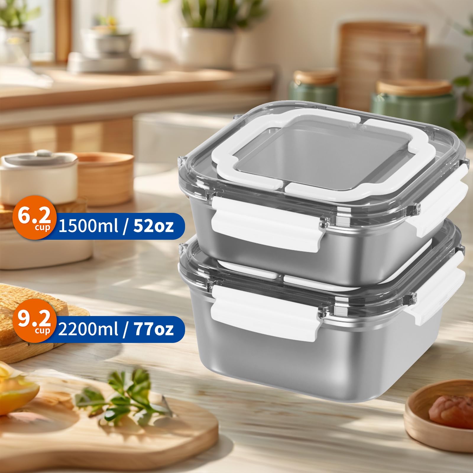 Airtight Food Storage Containers Set with Lids - 1.5qt & 2.2qt BPA-Free Leakproof Kitchen Containers for Meal Prep, Pantry Organization & Freezer/Dishwasher/Oven Safe - Perfect for Leftovers, Bulk Food Storage & Home Organization