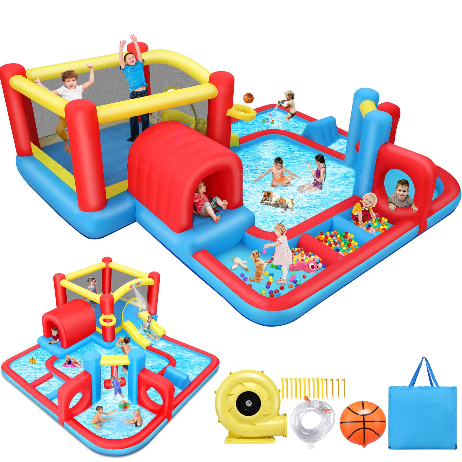 Whubefy 14.3x14.3Ft Inflatable Water Slide Bounce House for Kids Ages 3-12 | Large Backyard Water Park with Obstacle Course, Pool & Sprinkler | Perfect for Summer Parties, Birthdays & Outdoor Family Fun