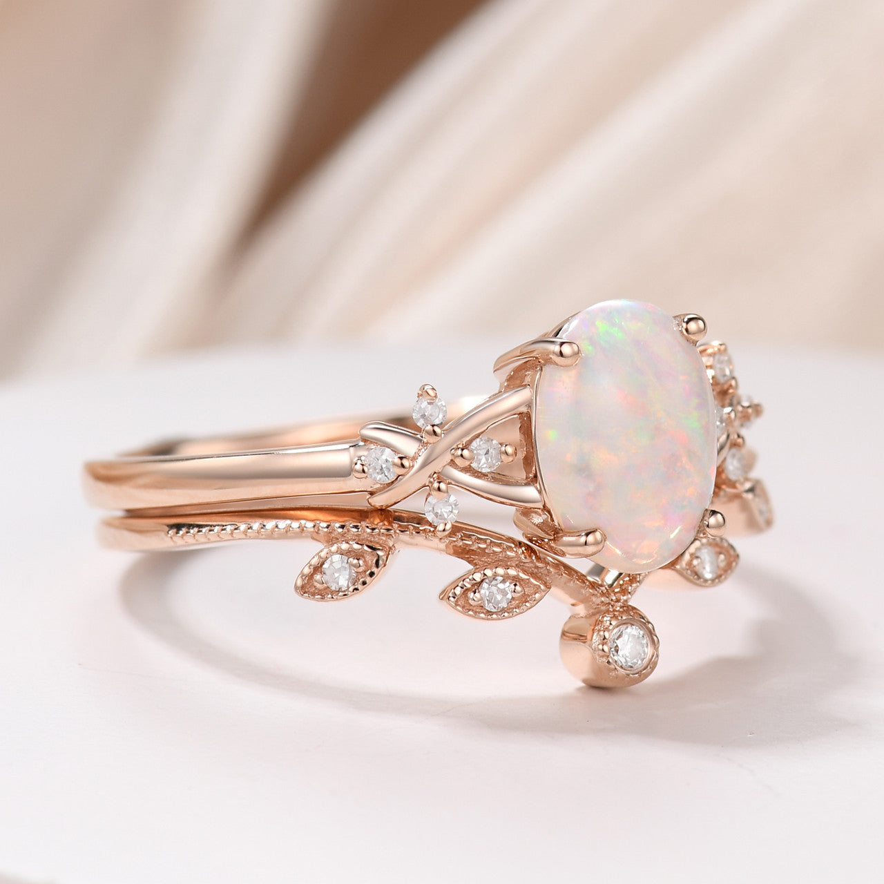 Vintage Natural Fire Opal Engagement Ring Set - Oval Australian Opal Jewelry for Women - Perfect for Wedding, Anniversary & Special Occasion Gifts