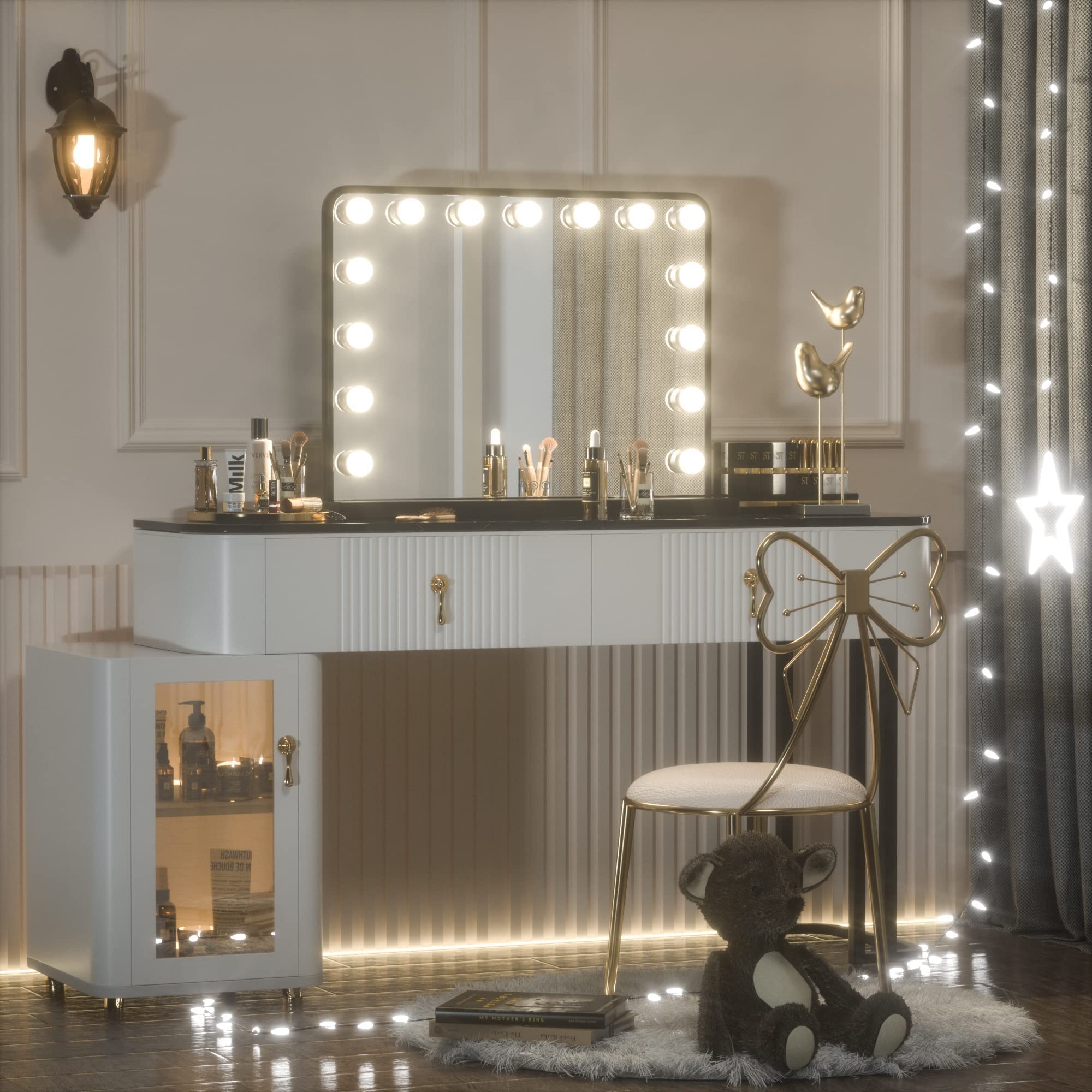 Keonjinn Hollywood Vanity Mirror with Lights - 15 Replaceable Bulbs, 3 Color Modes, USB Charging, Aluminum Frame (23