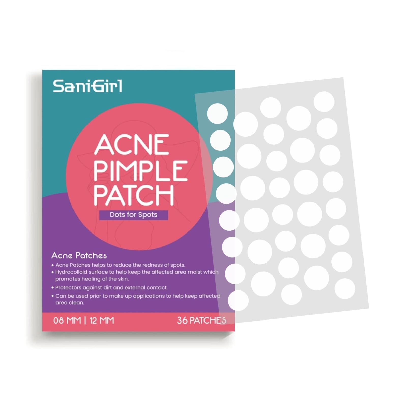 SaniGirl Acne Pimple Patch - 36 Invisible Hydrocolloid Facial Stickers for Pimple Treatment | Covers Blemishes & Speeds Healing | Perfect for Overnight Use, Travel & Daily Skincare Routine
