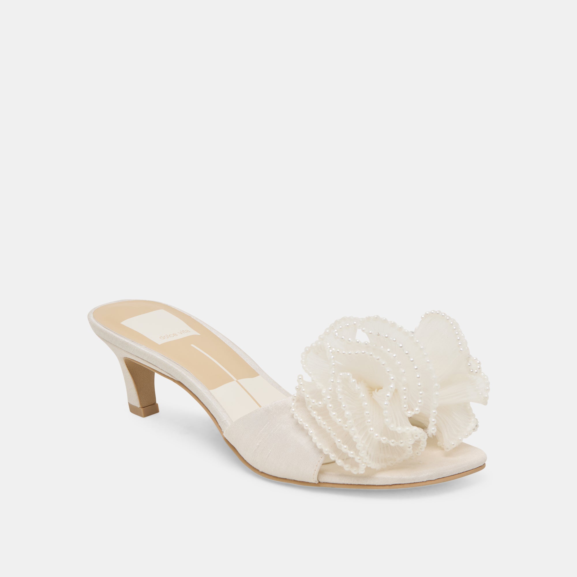 NARITA PEARL HEELS - Women's Off White Satin High Heels for Wedding, Party & Evening Wear - Elegant Pearl Embellished Dress Shoes for Special Occasions