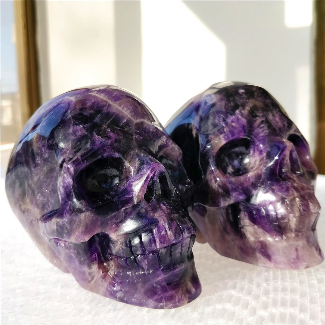Premium Natural Brazilian Amethyst Hand-Carved Skull - Healing Crystal Stone for Meditation, Reiki & Spiritual Decor - Unique Folk Art Gift for Collectors & Home Decor