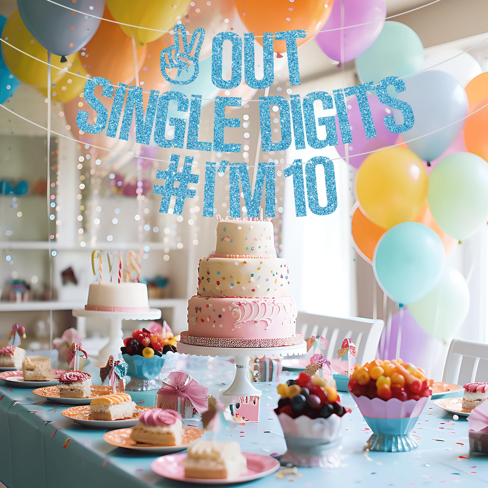 Happy 10th Birthday Banner - Double Digits 'I'm 10' Party Decorations for Boys & Girls | Baby Blue Glitter Sign | Perfect for 10th Birthday Party Backdrop, Cake Table Decor & Photo Booth Props