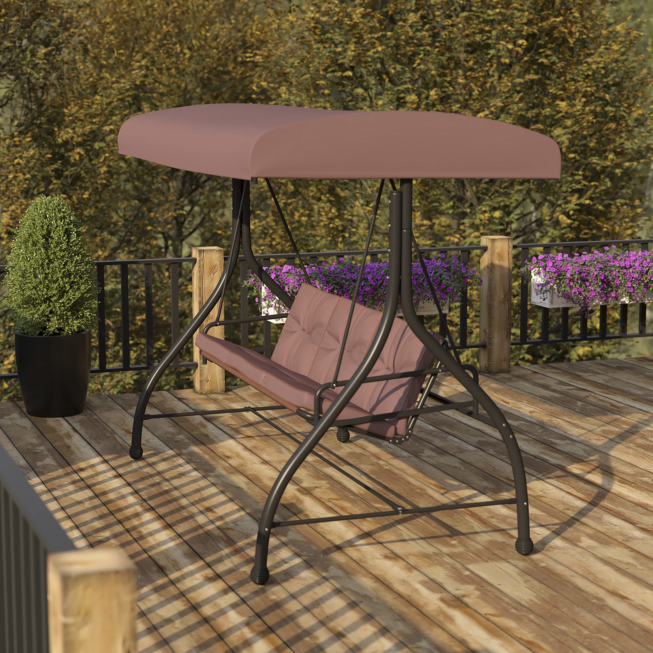 3-Seat Outdoor Steel Patio Swing with Canopy & Cushions - Convertible Hammock Swing Bed for Garden, Backyard, Porch (Brown) - Perfect for Relaxing, Lounging & Outdoor Entertaining