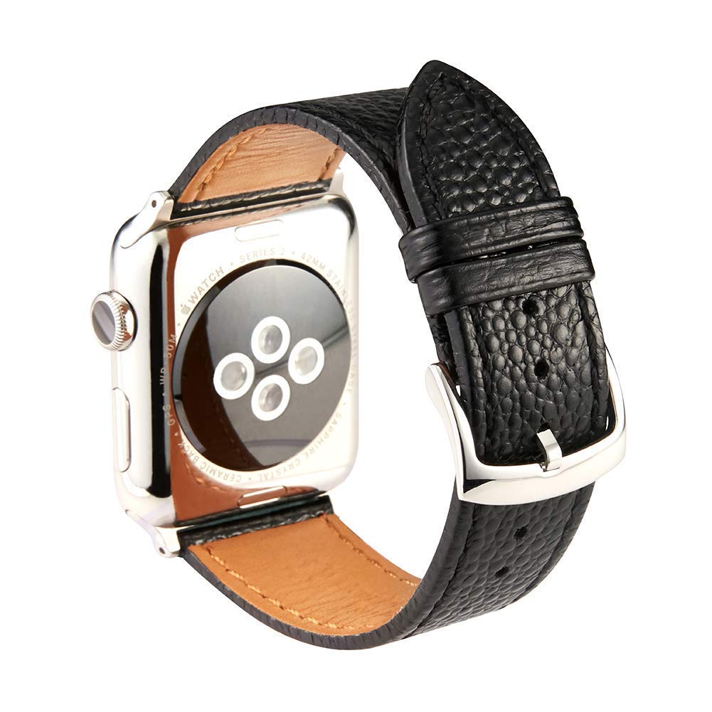 Premium Italian Caviar Leather Strap for Apple Watch 42mm - Stainless Steel Buckle, Black | Luxury Replacement Band for Work, Gym & Everyday Wear