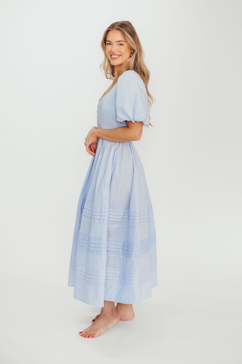Milana 100% Cotton Puffed Sleeve Midi Dress - Baby Blue Floral Summer Dress for Women | Perfect for Beach Vacations, Garden Parties & Date Nights