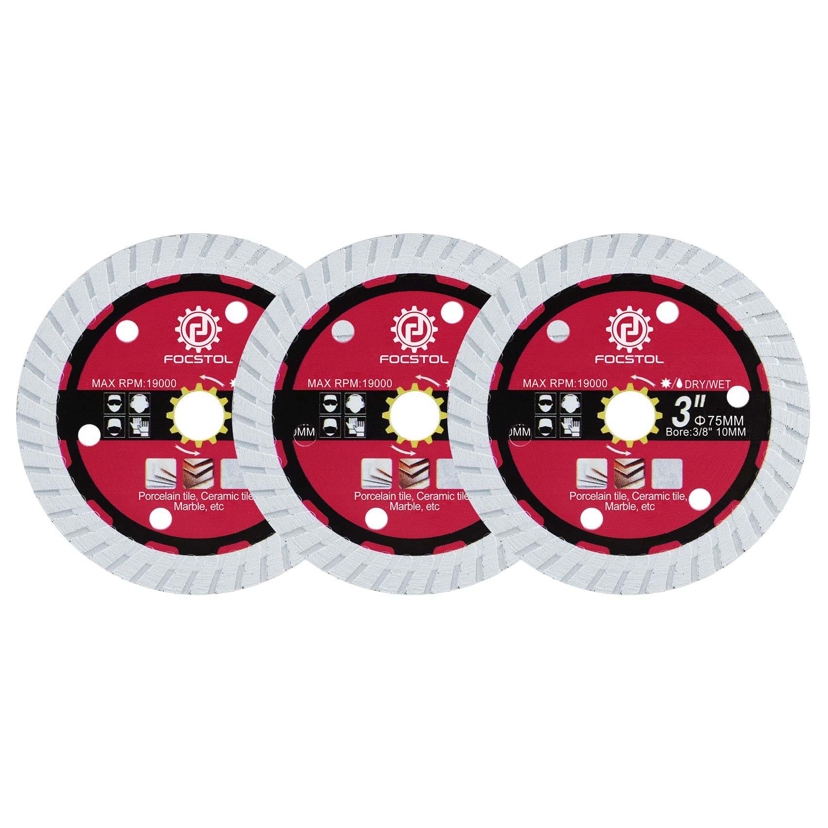 FOCSTOL 3-Inch Diamond Tile Saw Blade Set - 3 Pack 75mm Cutting Disc for Ceramic, Porcelain, Marble - Fits Angle Grinder with 3/8