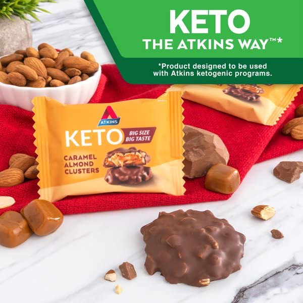 Atkins Caramel Almond Clusters - Gluten Free, High Fiber, Low Sugar (1g), Keto Friendly Snack - 2g Net Carbs, 20 Count - Perfect for Keto Diet, Weight Loss & Healthy On-the-Go Snacking