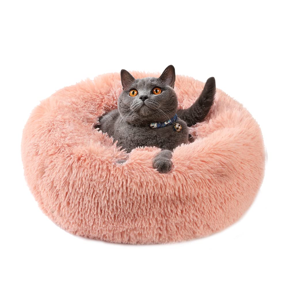 VANANSA Fluffy Round Donut Pet Bed - Calming Plush Dog Bed for Small & Medium Dogs & Cats, Soft & Cozy (Pink, 40cm) - Perfect for Anxiety Relief, Crate Training & Nap Time in Living Room or Bedroom