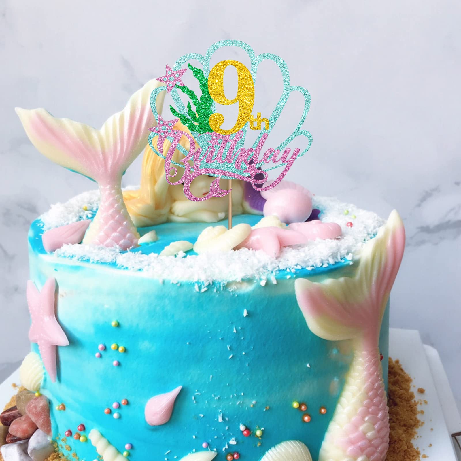 Mermaid 9th Birthday Cake Topper - Gold Glitter Happy 9th Birthday Cake Decor for Girls, Little Mermaid Party Decoration, Under the Sea Theme Party Supplies - Perfect for Birthday Cakes, Cupcakes, and Dessert Tables