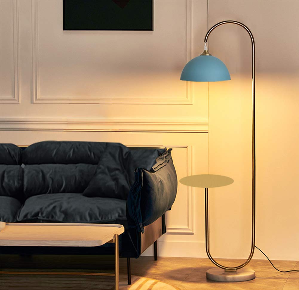 Modern LED Floor Lamp with Table - Brushed Brass Finish & Blue Shade for Bedroom, Living Room, Reading Light | Stylish Standing Lamp for Home Office, Study & Lounge Areas