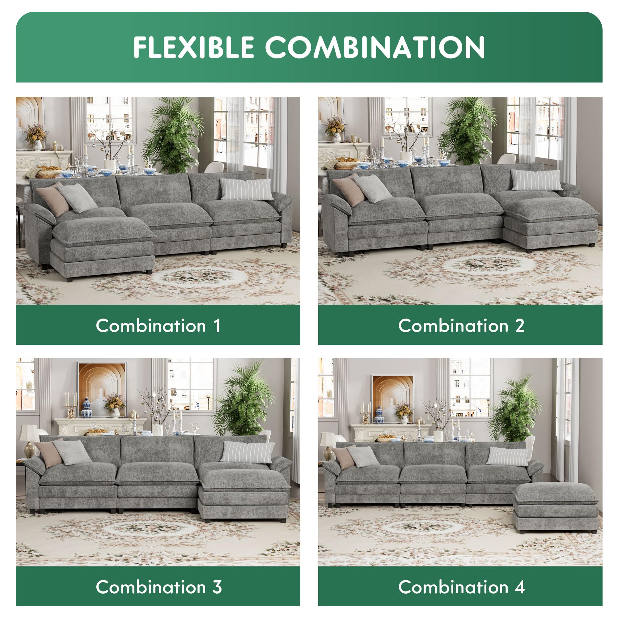 **YESHOMY Modular Sectional Sofa L-Shaped Chenille Fabric Couch with High-Support Cushions & Removable Ottoman – Comfortable Sleeper Sofa for Living Room, Apartment, or Small Space – Grey**    *(Use Case: Perfect for cozy movie nights, family gatherings, or as a stylish space-saving solution in apartments, lofts, and small living rooms.)*