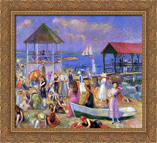 William James Glackens Beach Scene New London 22x20 Gold Ornate Wood Framed Canvas Art - Perfect for Coastal Living Room, Beach House Decor & Nautical Wall Art