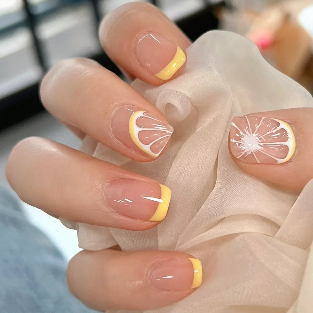 24pcs Lemon Short Press on Nails - False Nail Tips for Professionals - Artificial Fake Nails with Wear Tips - Faux Ongles & Uñas - Perfect for Parties, Weddings, and Everyday Wear