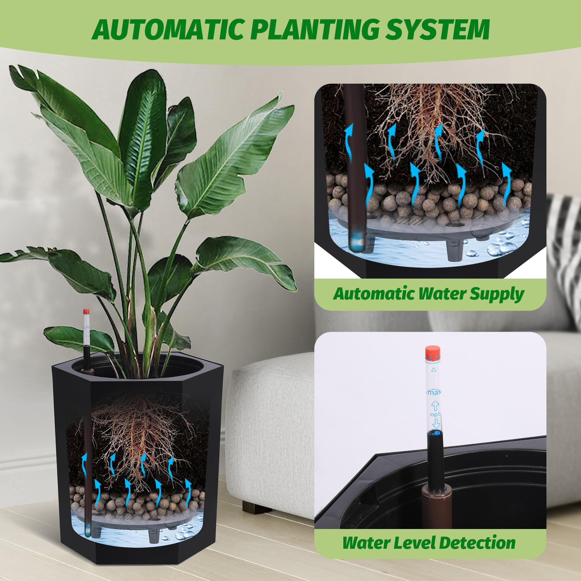 GARVEE 16 Inch Tall Self Watering Planters Set of 2 - Indoor Outdoor Large Flower Pots with Water Level Indicator, Drainage Hole & Wheels - Perfect for Garden, Patio, Balcony, Living Room, Office Decor (Black)