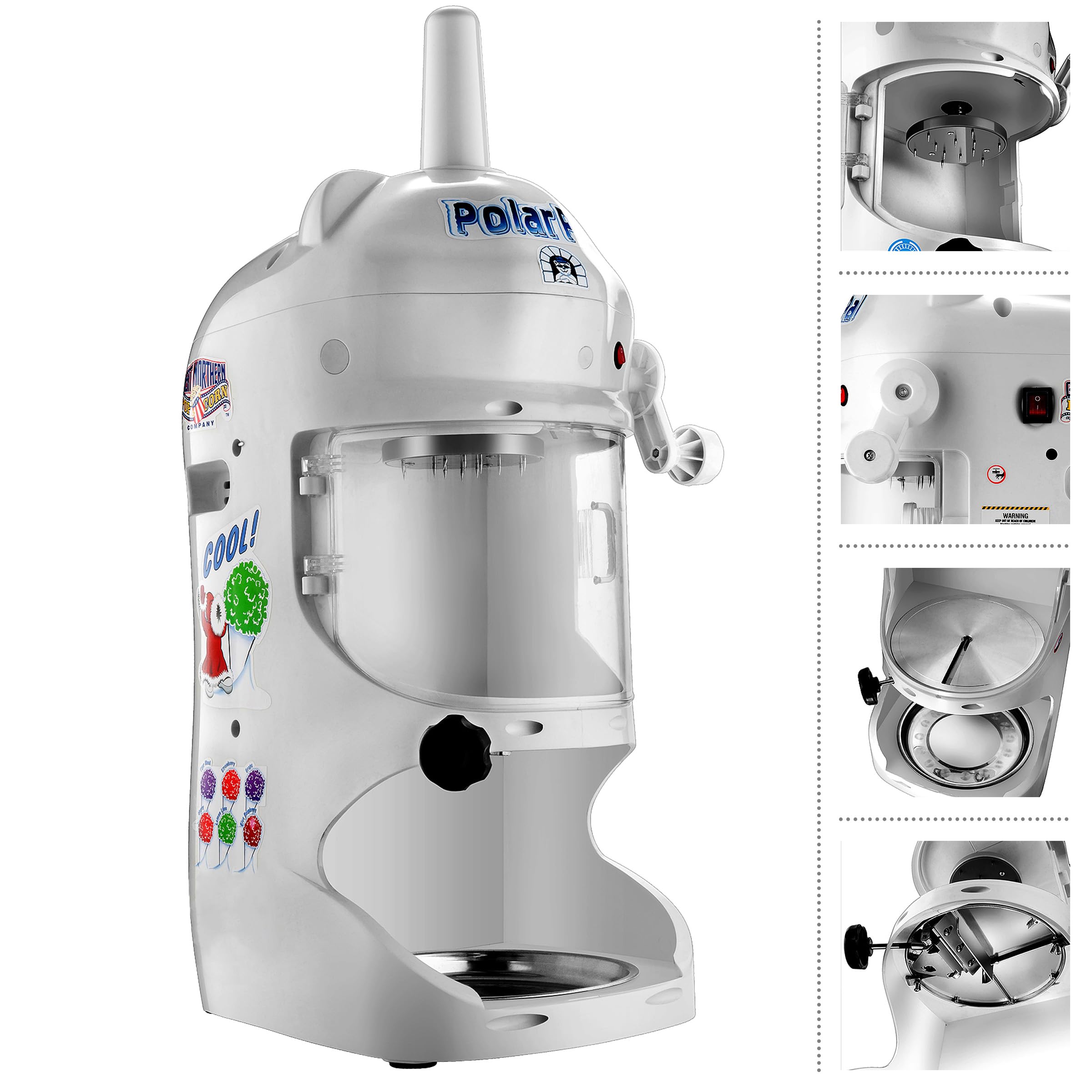 Great Northern Popcorn Electric Ice Shaver Machine - 250W High Power, 210lbs/hr Capacity, 1420RPM Stainless Steel Blade for Perfect Shaved Ice - White Snow Cone Maker & Ice Crusher for Parties, Events, and Home Use