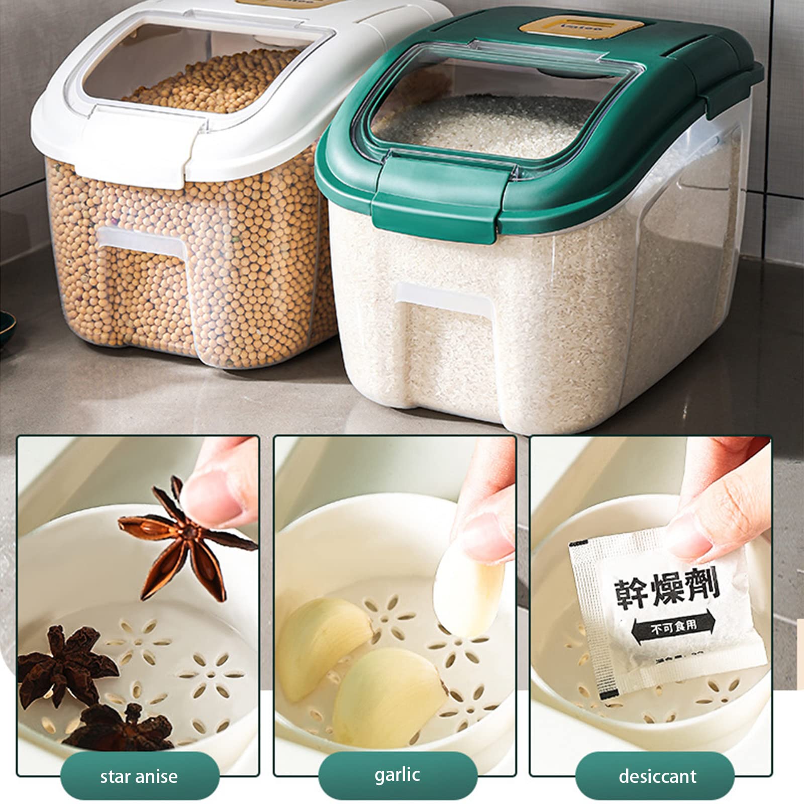 MOTOFUTURE 10kg Airtight Grain Storage Container - Sealed Rice Bin, Kitchen Food Storage Box with Measuring Cup for Beans, Corn, Oats & Rice - Perfect for Pantry Organization & Bulk Food Storage (Green)