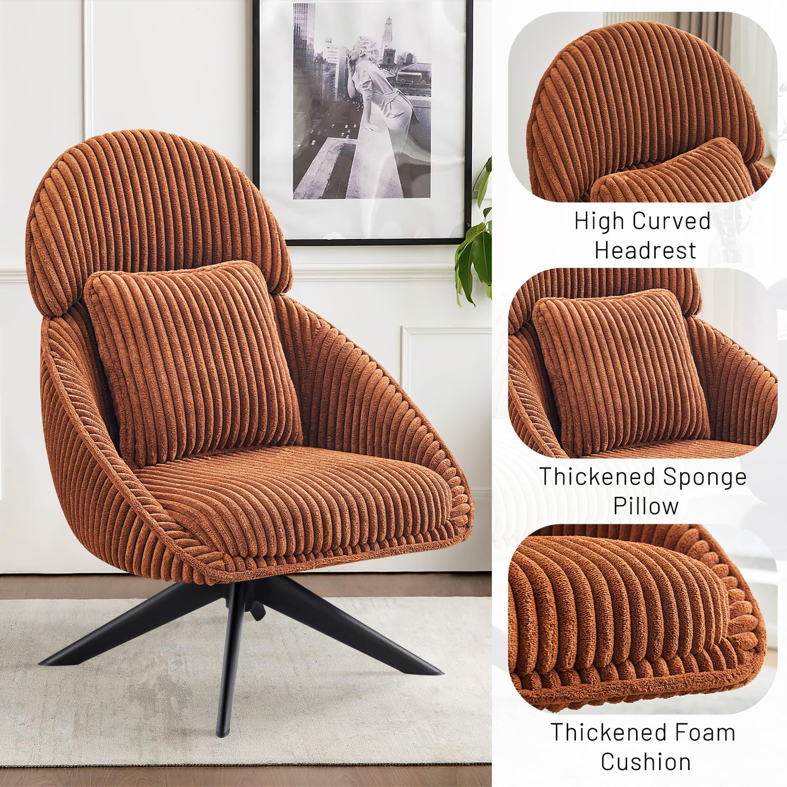Furniliving Large Swivel Accent Chair - Modern Upholstered Armchair with Pillow & Headrest - Comfy Corduroy Living Room, Bedroom & Office Chair - Perfect for Relaxing, Reading & Working - Orange