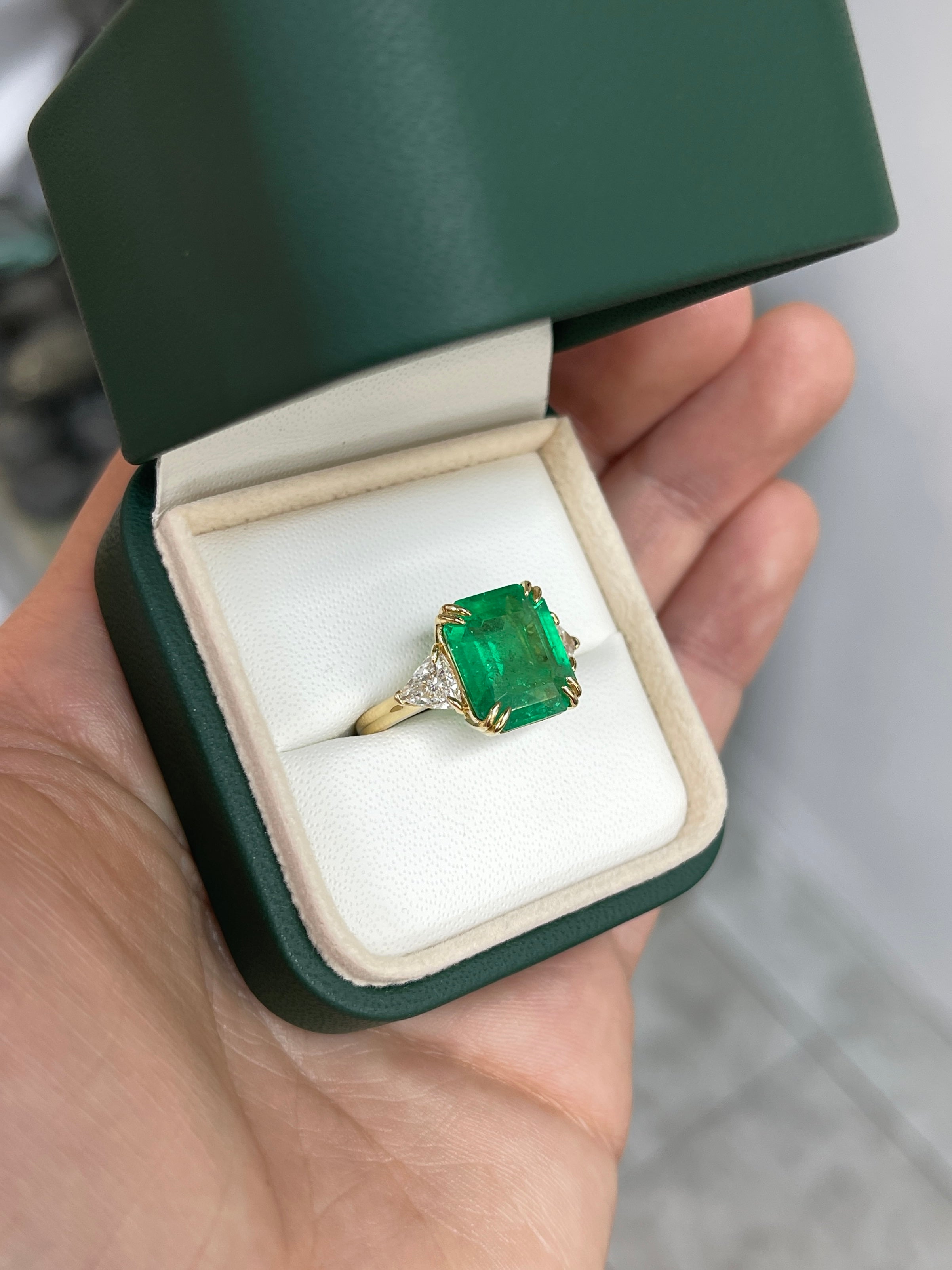 7.15tcw Muzo Colombian Emerald & Natural Trillion Diamond Three Stone 18K White Gold Ring - Elegant Jewelry for Engagement, Anniversary & Special Occasions