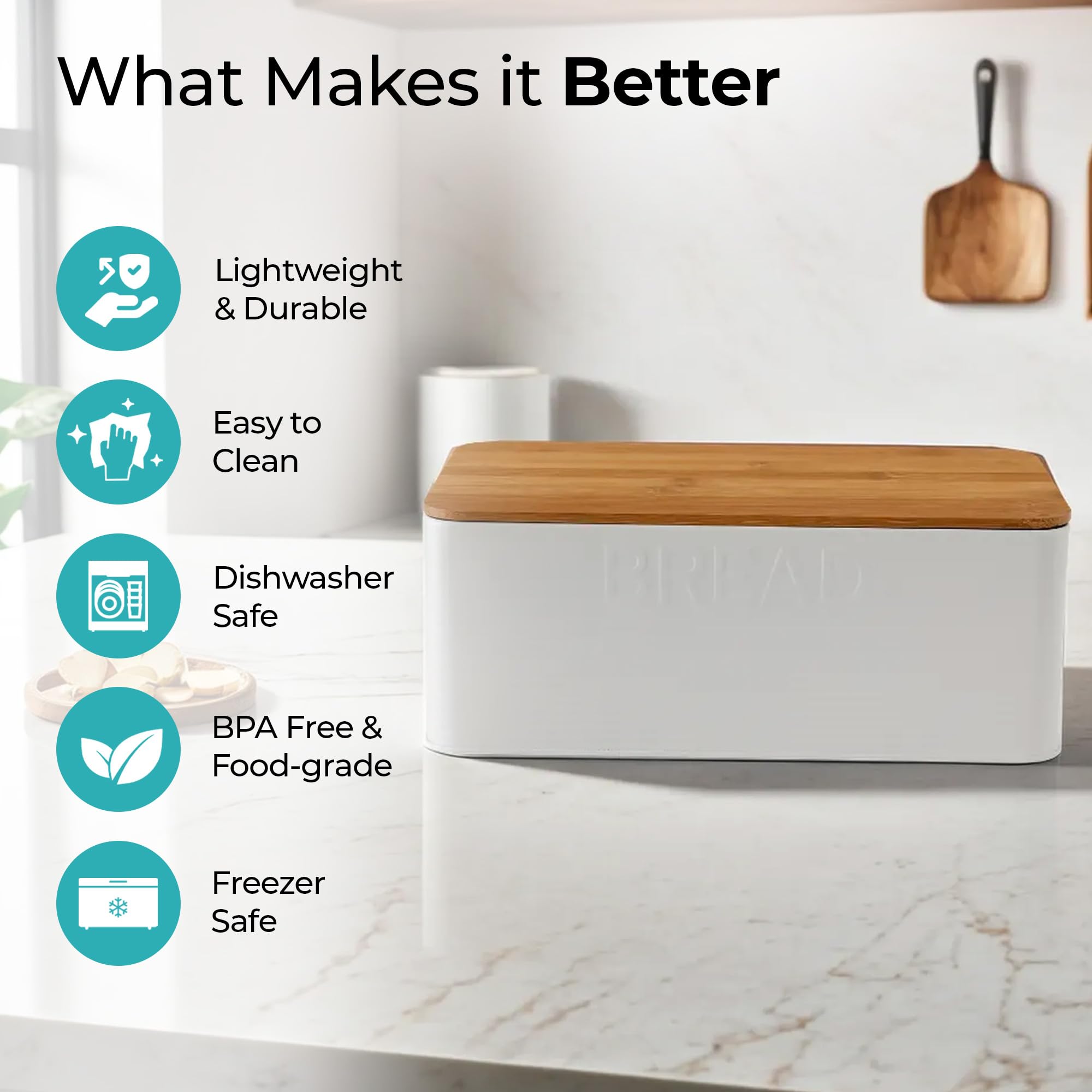 Premium Bamboo Bread Box with Cutting Board Lid - Airtight Food Storage Container for Bread, Cookies & Pastries | Eco-Friendly Kitchen Organizer for Countertop & Dining Table | Perfect for Freshness & Style (White)