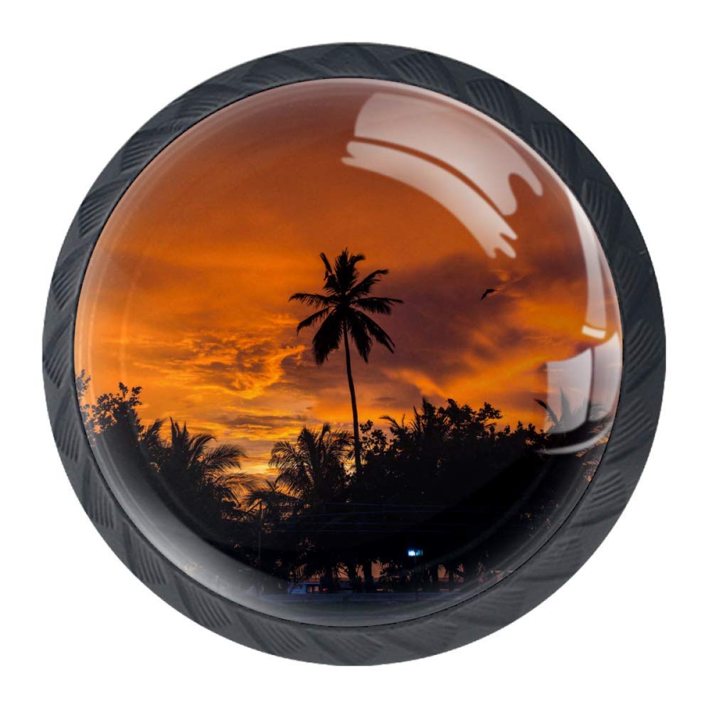 DEYYA 30mm Crystal Glass Drawer Knobs - Tropical Palm Tree Sunset Design (4-Pack) - Ergonomic Cabinet Pull Handles for Kitchen, Dresser, Cupboard & Wardrobe - Perfect for Beach House Decor & Coastal Style Furniture