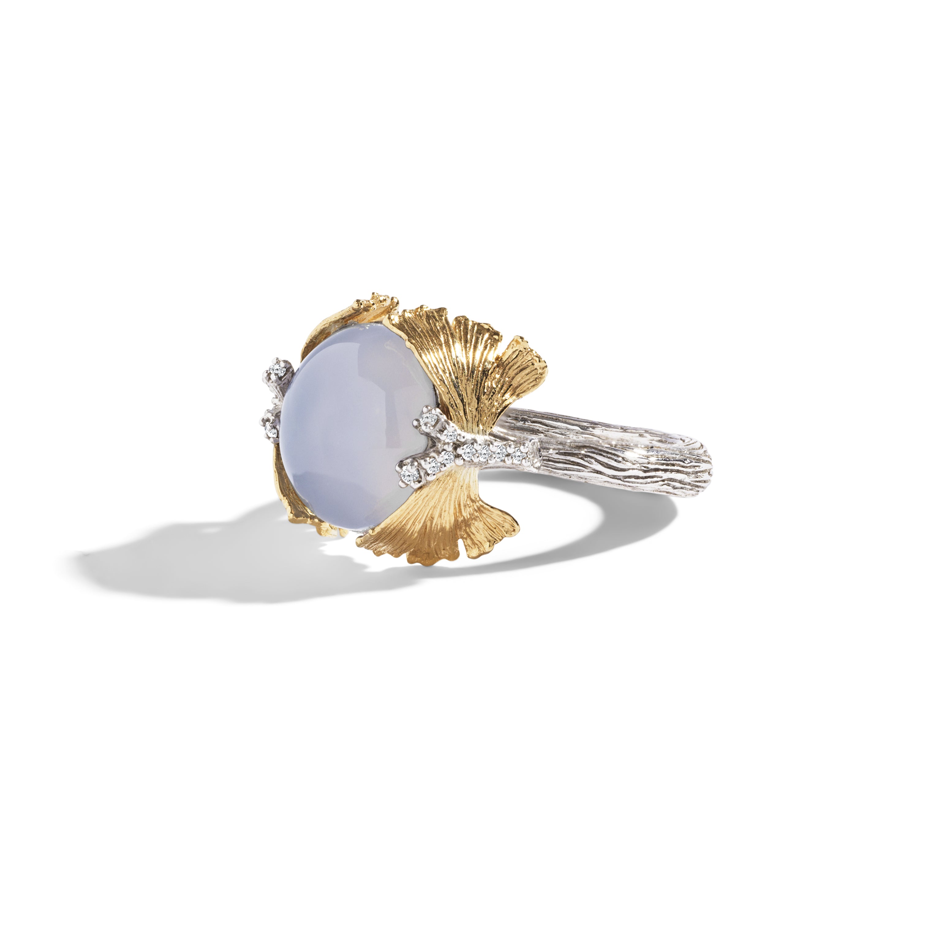 Elegant Butterfly Ginkgo Ring with Chalcedony & Diamonds - Vintage Inspired Jewelry for Women, Perfect for Weddings, Anniversaries & Special Occasions