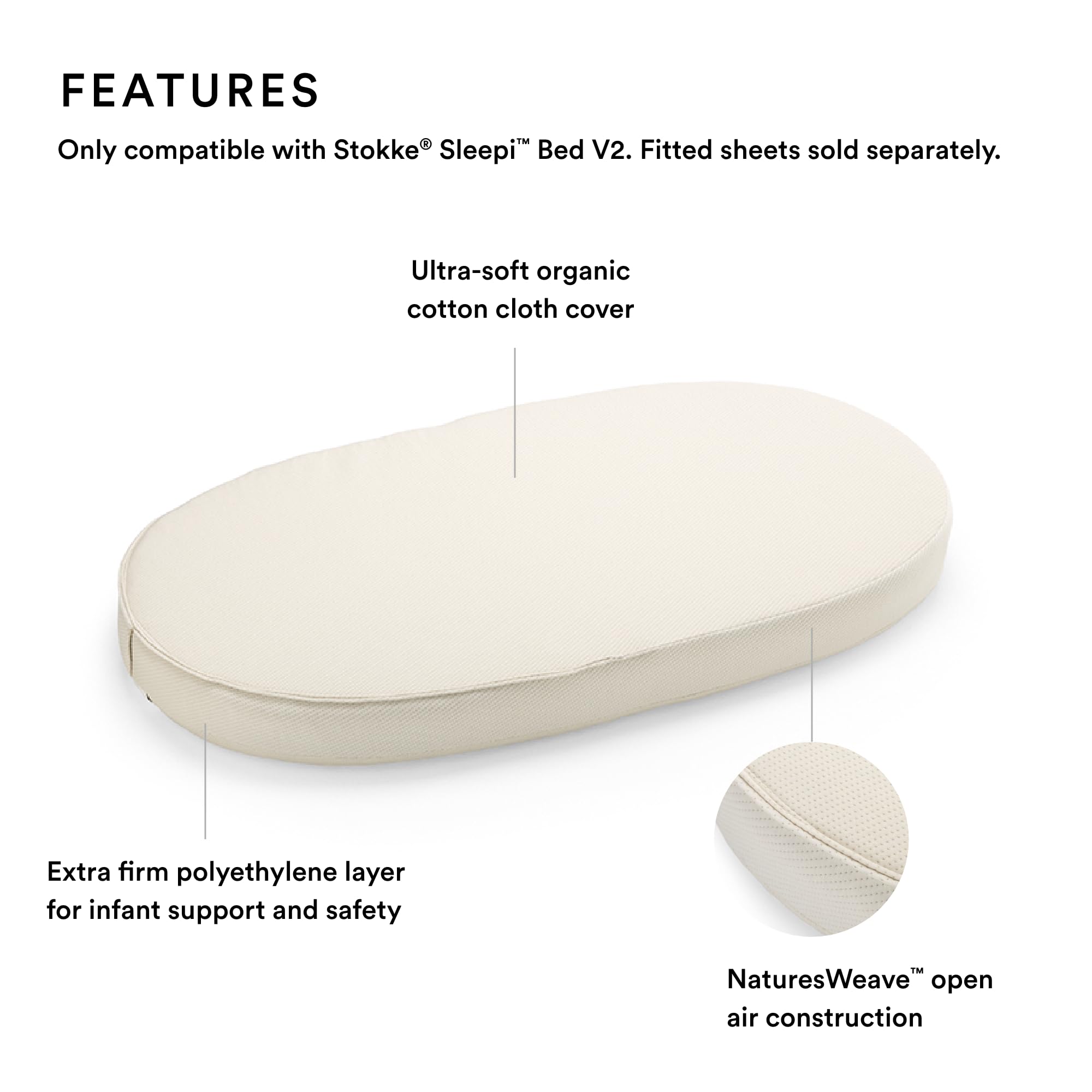 Stokke Sleepi Mattress with Organic Cotton Cover by Colgate - Breathable Foam Crib Mattress for Newborns & Infants - Hypoallergenic & Waterproof - Fits Stokke Sleepi Crib & Convertible Bed - Perfect for Nursery, Daycare & Travel Use