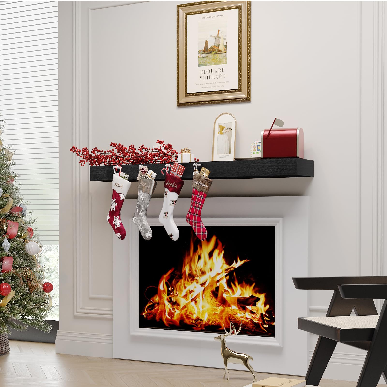 55 Inch Solid Wood Floating Shelf - Fireplace Mantel, Wall Mounted, Hollow Design, Black - Perfect for Living Room, Bedroom & Home Decor