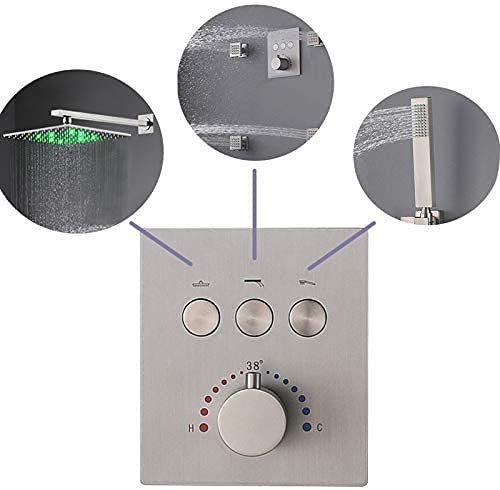 AYIVG Brushed Nickel Thermostatic Shower System - 12 Inch LED Rainfall Shower Head with 4 Body Spray Jets, Wall Mount Faucet Set for Simultaneous Multi-Function Use | Perfect for Luxurious Spa-Like Experience in Modern Bathrooms