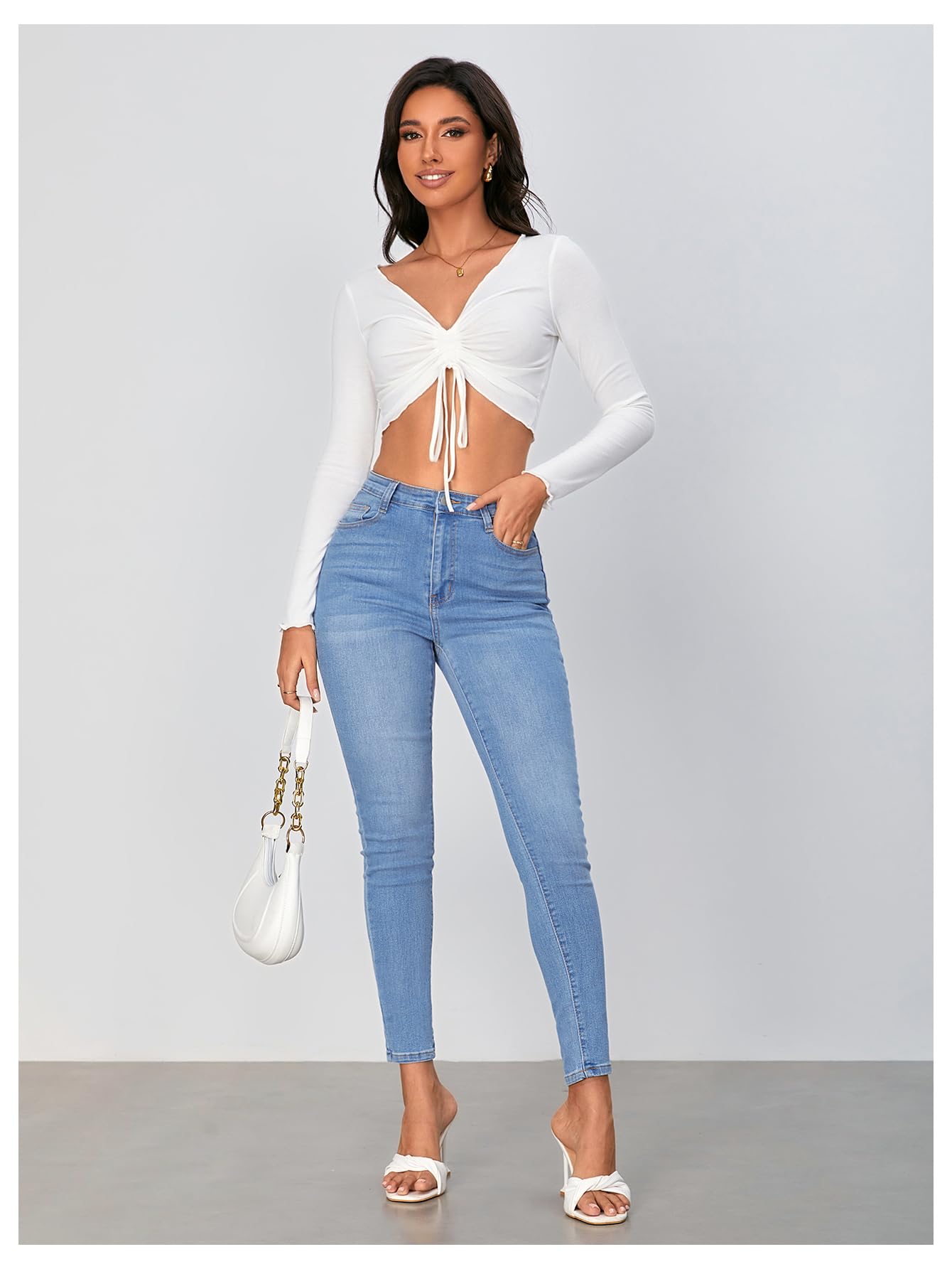 Floerns Women's Lettuce Trim Long Sleeve Ruched Crop Top - Drawstring Detail T-Shirt for Casual Wear, Layering & Date Night Outfits