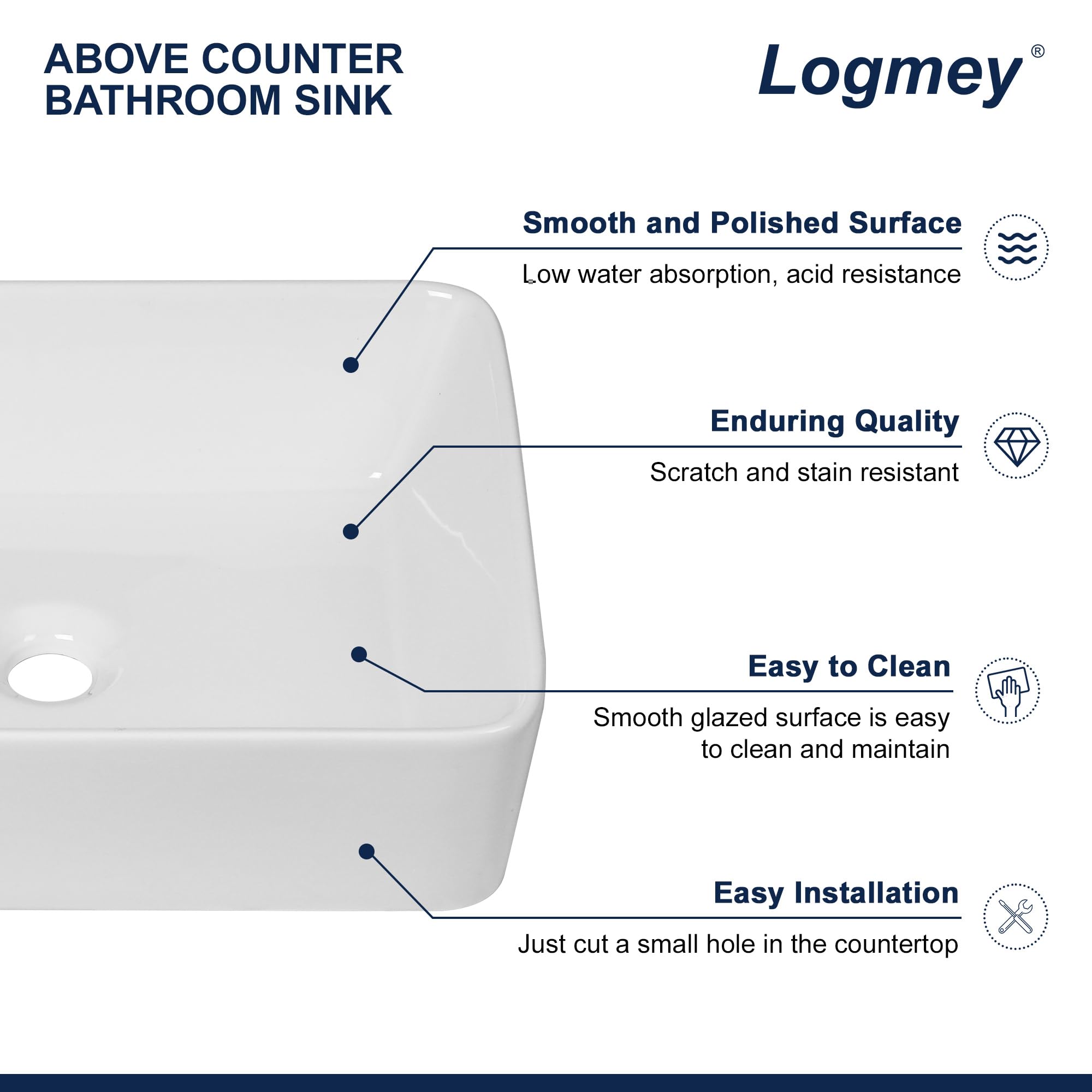 Logmey 19 Inch White Porcelain Bathroom Vessel Sink - Modern Rectangular Ceramic Countertop Basin (19x15 Inch) for Vanity, Powder Room & Master Bath | Above Counter Installation