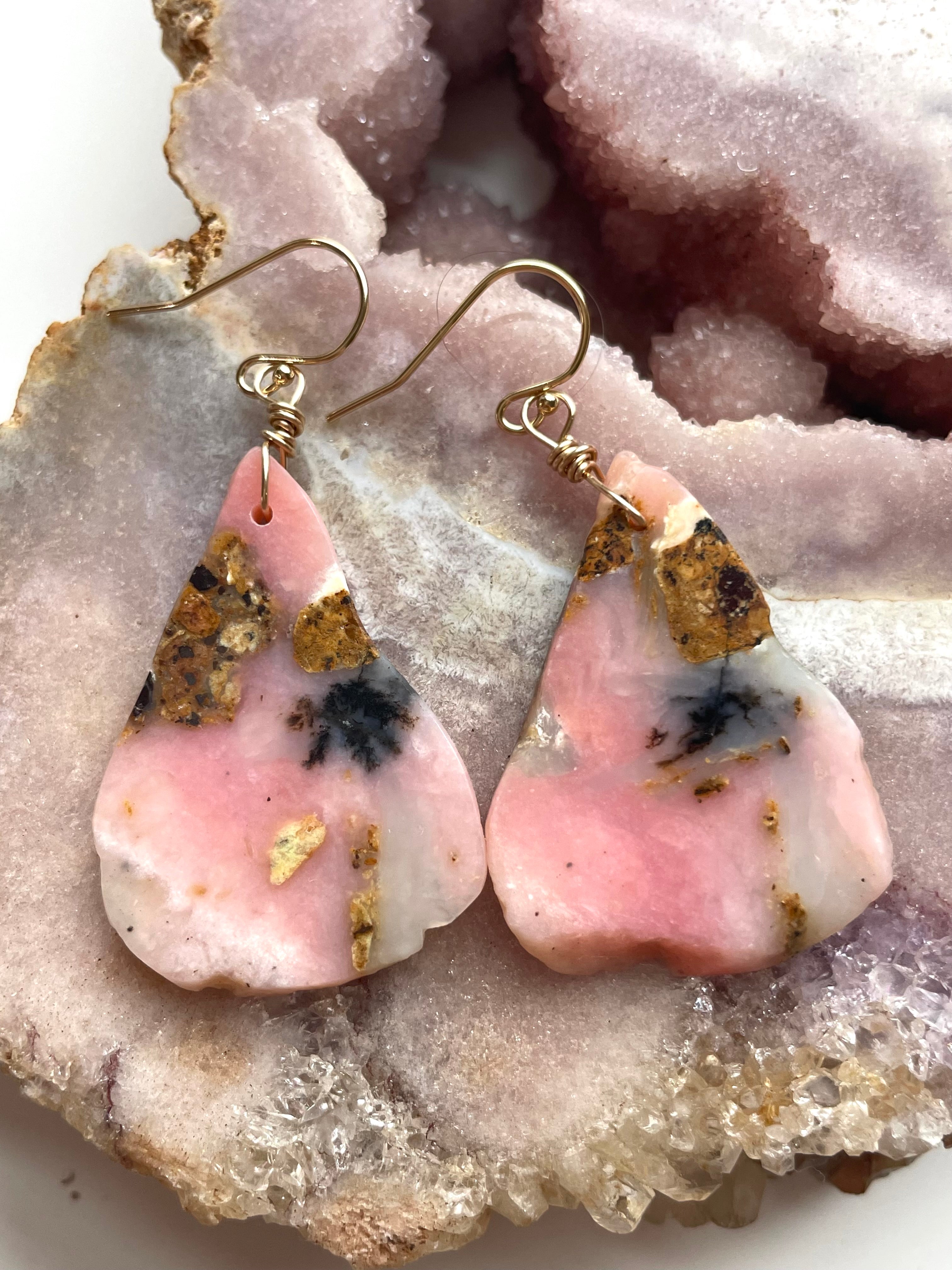 Pink Opal Gold Filled Statement Crystal Gemstone Earrings for Women - Elegant Dangle Drop Earrings for Party, Wedding & Special Occasions