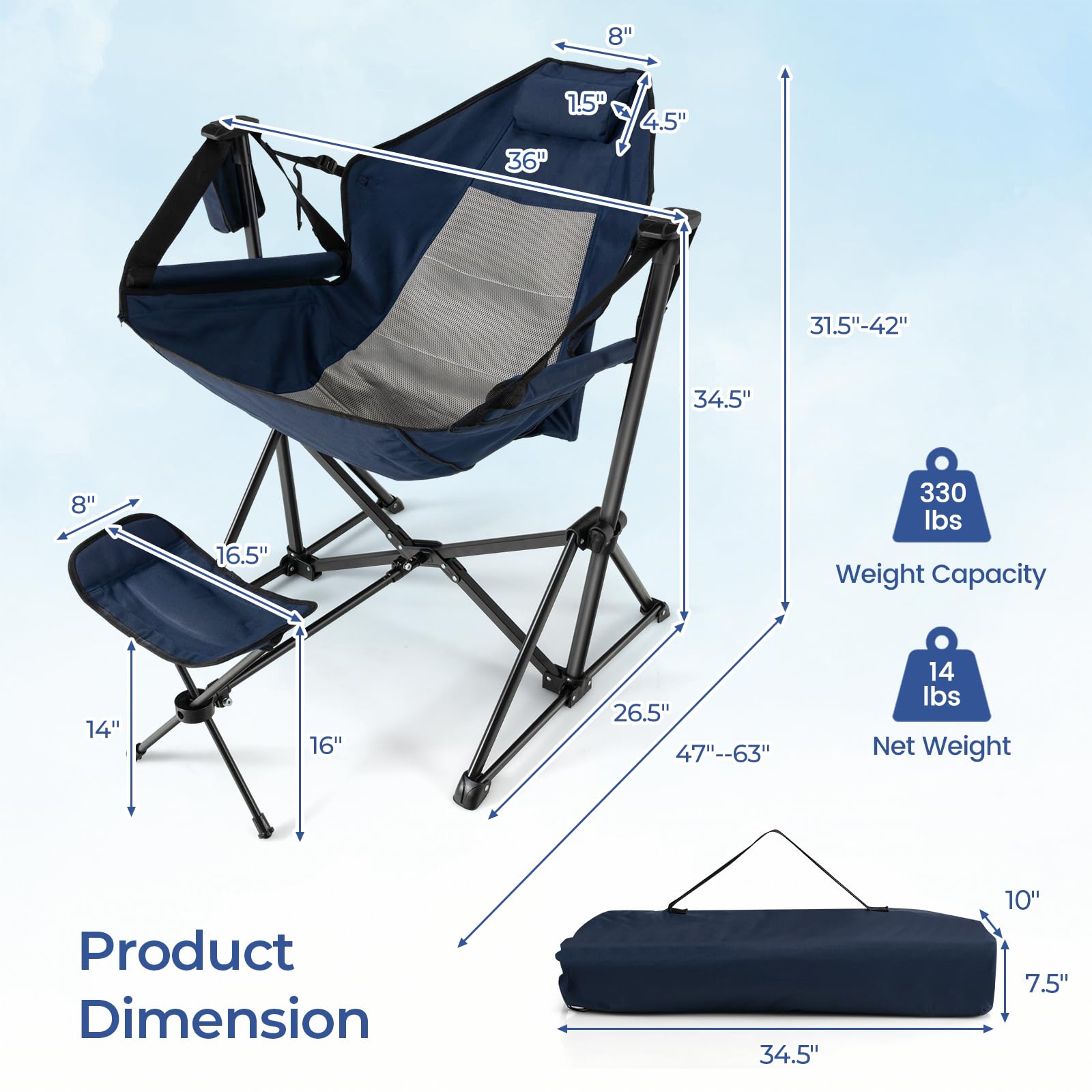 GYMAX Portable Folding Camping Chair with Detachable Footrest & Adjustable Backrest - Lightweight Hammock Rocking Chair for Outdoor, Beach, Lawn, Fishing - Includes Pillow, Cup Holder & Carrying Bag (Navy Blue)