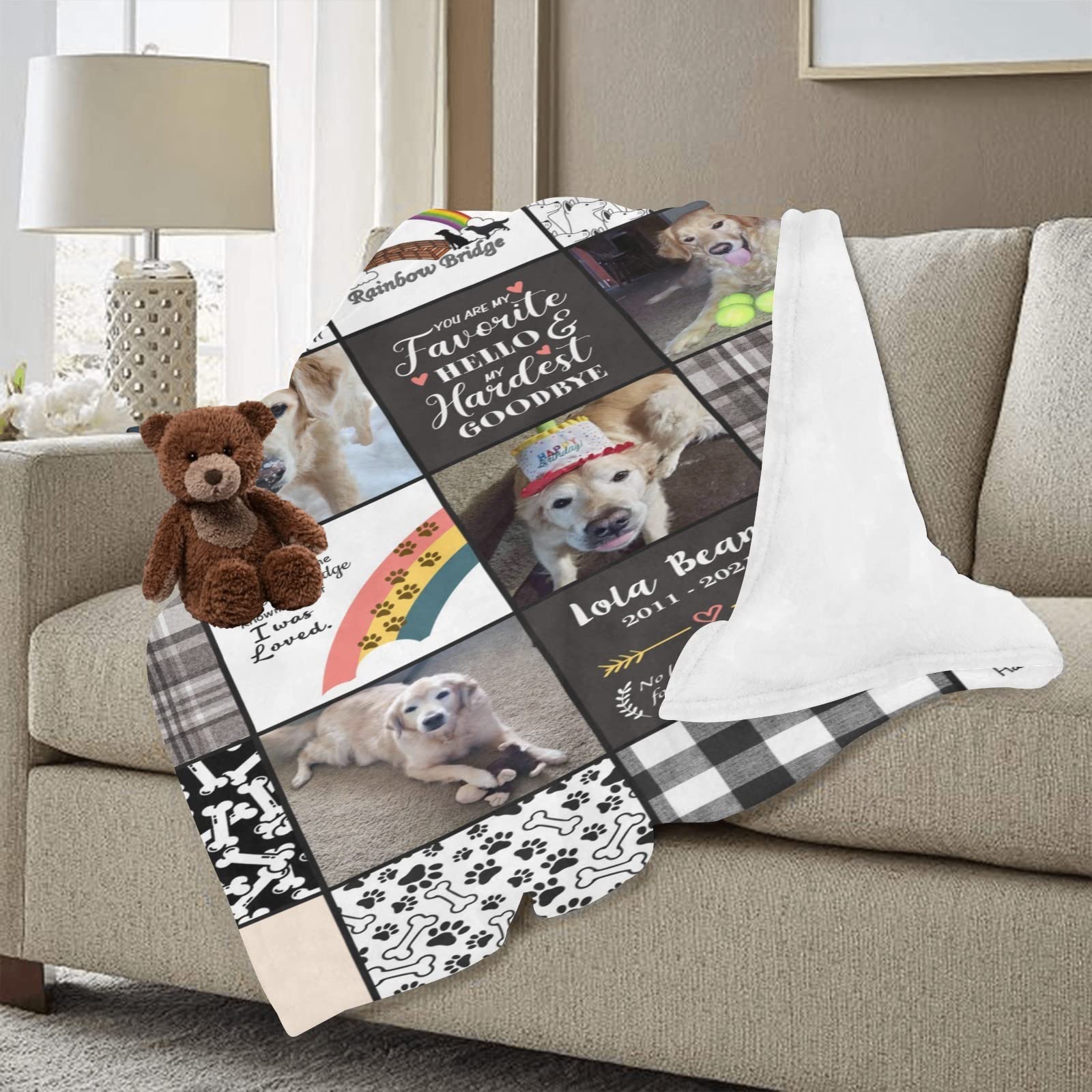 Custom Photo Collage Memorial Blanket for Dogs - Personalized Pet Loss Gift with Name & Rainbow Bridge Design - Sympathy Gift for Dog Lovers - Perfect for Comfort After Losing a Beloved Pet, Home Memorial, or Healing Gift for Dog Moms