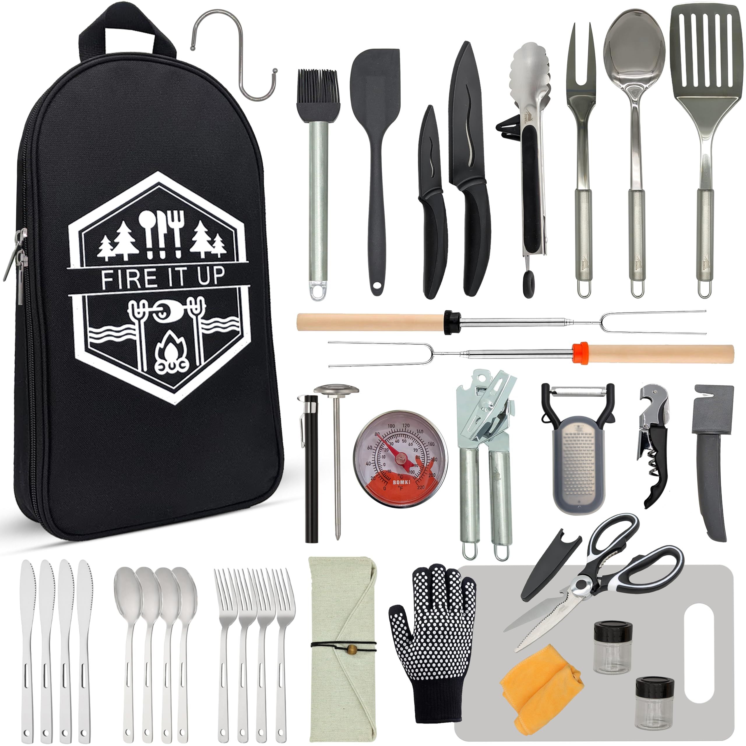 BOMKI Premium Black Pro Outdoor BBQ & Camping Cooking Utensils Set - 12-Piece Stainless Steel Grill Tools for Camping, Picnics, Backpacking & RV Trips - Essential Camp Kitchen Accessories for Grilling, Hiking & Outdoor Adventures