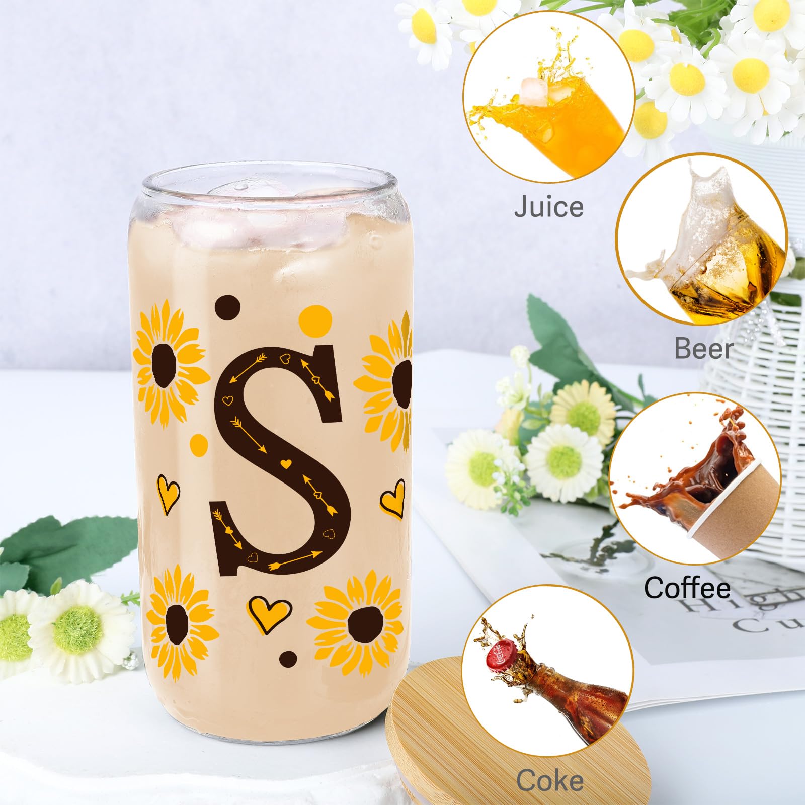 Personalized Sunflower Tumbler with Lid - Cute Sunflower Glass Mug for Women, Sunflower Birthday Gifts for Mom, Sister, Best Friend - Perfect for Coffee, Tea, Office, Home & Outdoor Use