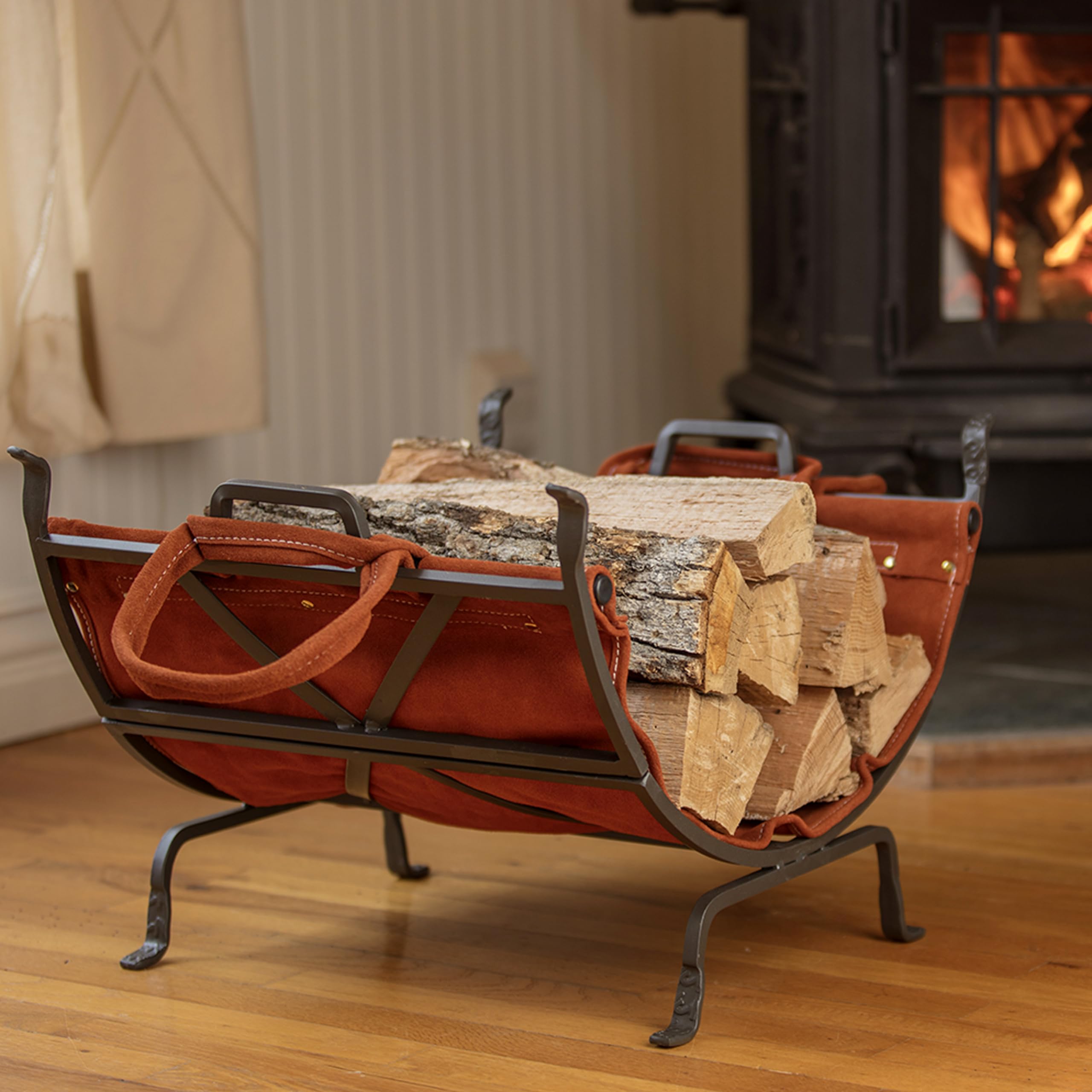 Uniflane Olde World Iron Firewood Log Holder with Suede Leather Carrier - Rustic Fireplace Accessory for Indoor/Outdoor Use - Perfect for Firewood Storage by Fireplace, Patio or Camping