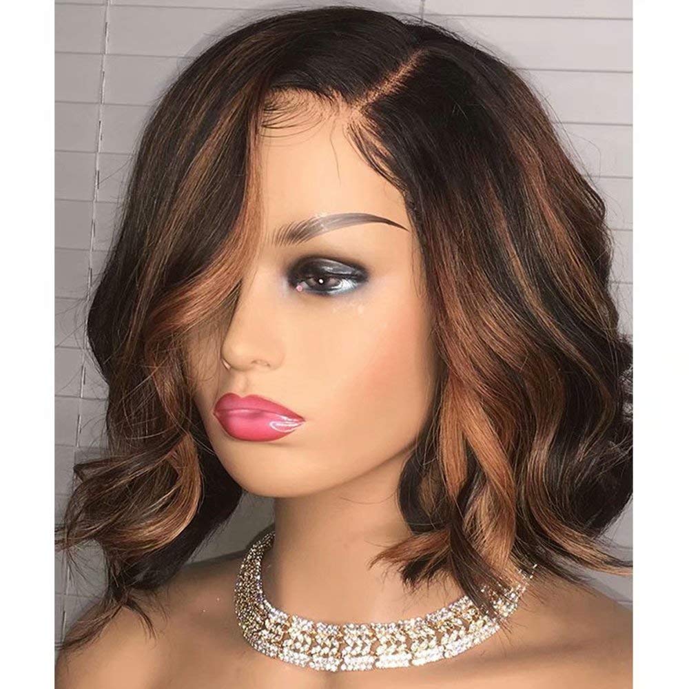 Brazilian Body Wave Human Hair Wig - 180 Density Short Bob with Ombre Highlights, 13x4 HD Transparent Lace Front, Pre Plucked Bleached Knots, 10 Inch | Perfect for Daily Wear, Cosplay & Special Occasions