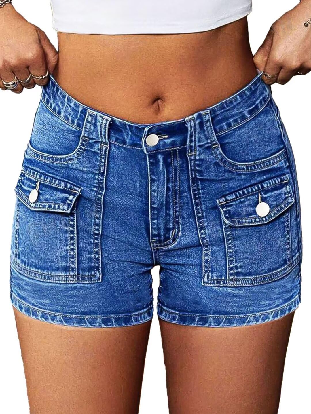 Flamingals Women's Mid Waist Denim Shorts with Flat Pocket - Comfortable Washed Jeans for Casual Wear, Summer Outfits & Beach Vacations