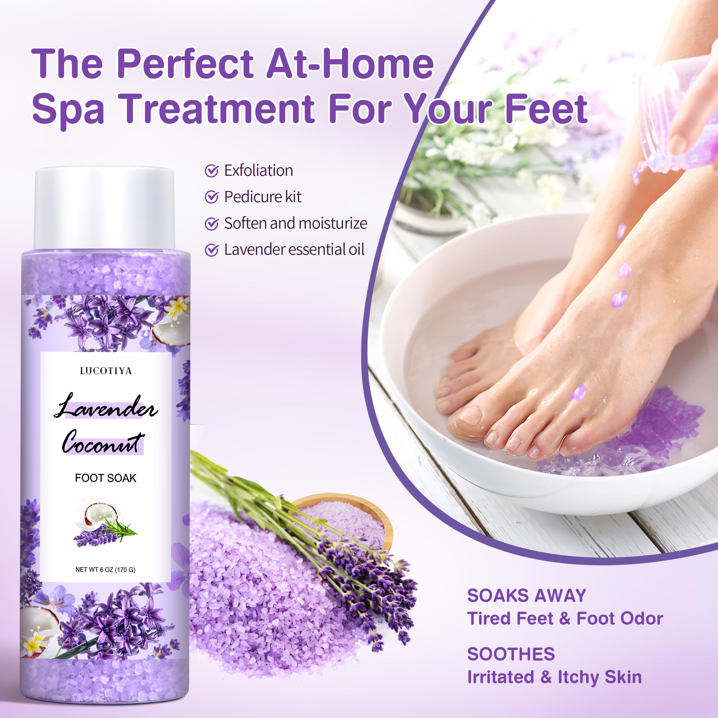 Lavender Foot Soak Set with Epsom Salt, Foot File, Exfoliating Scrub & Urea Cream - Moisturizing Pedicure Kit for Dry Cracked Feet - Women's Spa Gift Set for Relaxation & Self Care at Home