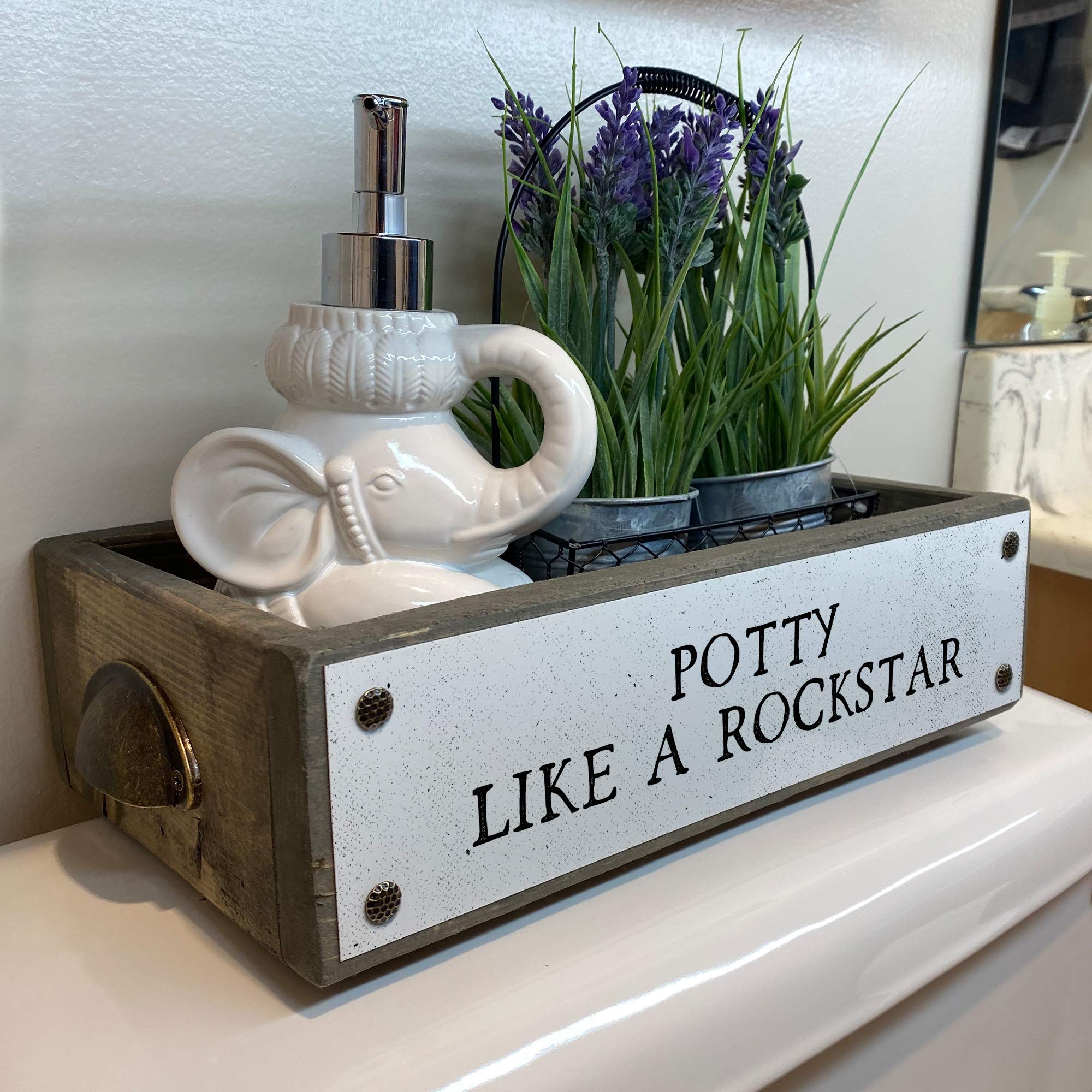ANVEVO Potty Like A Rockstar - Rustic Farmhouse Wooden Toilet Paper Holder & Diaper Caddy - Funny Bathroom Decor Box with Sayings - Perfect for Nursery, Farmhouse Style Bathrooms & Gift Ideas