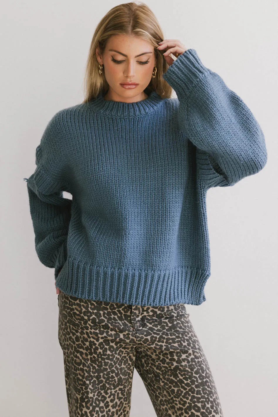 Josie Knit Sweater Women's Blue Crewneck Pullover | Cozy Winter Casual Wear for Office & Outings