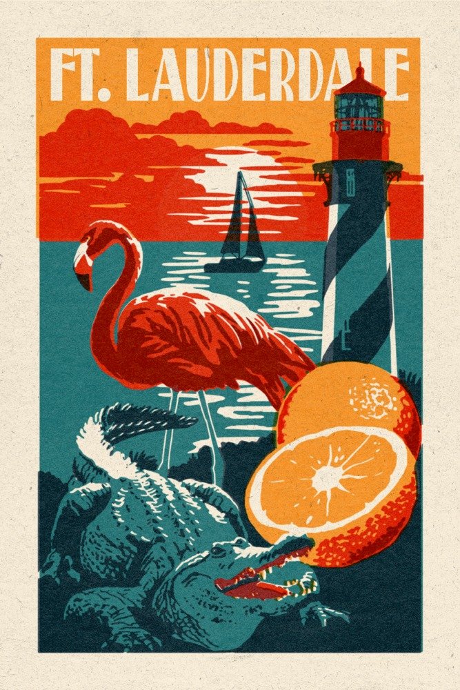 Ft. Lauderdale Florida Travel Poster - 36x54 Inch Giclee Gallery Print, Woodblock Art Wall Decor for Beach House, Office & Living Room